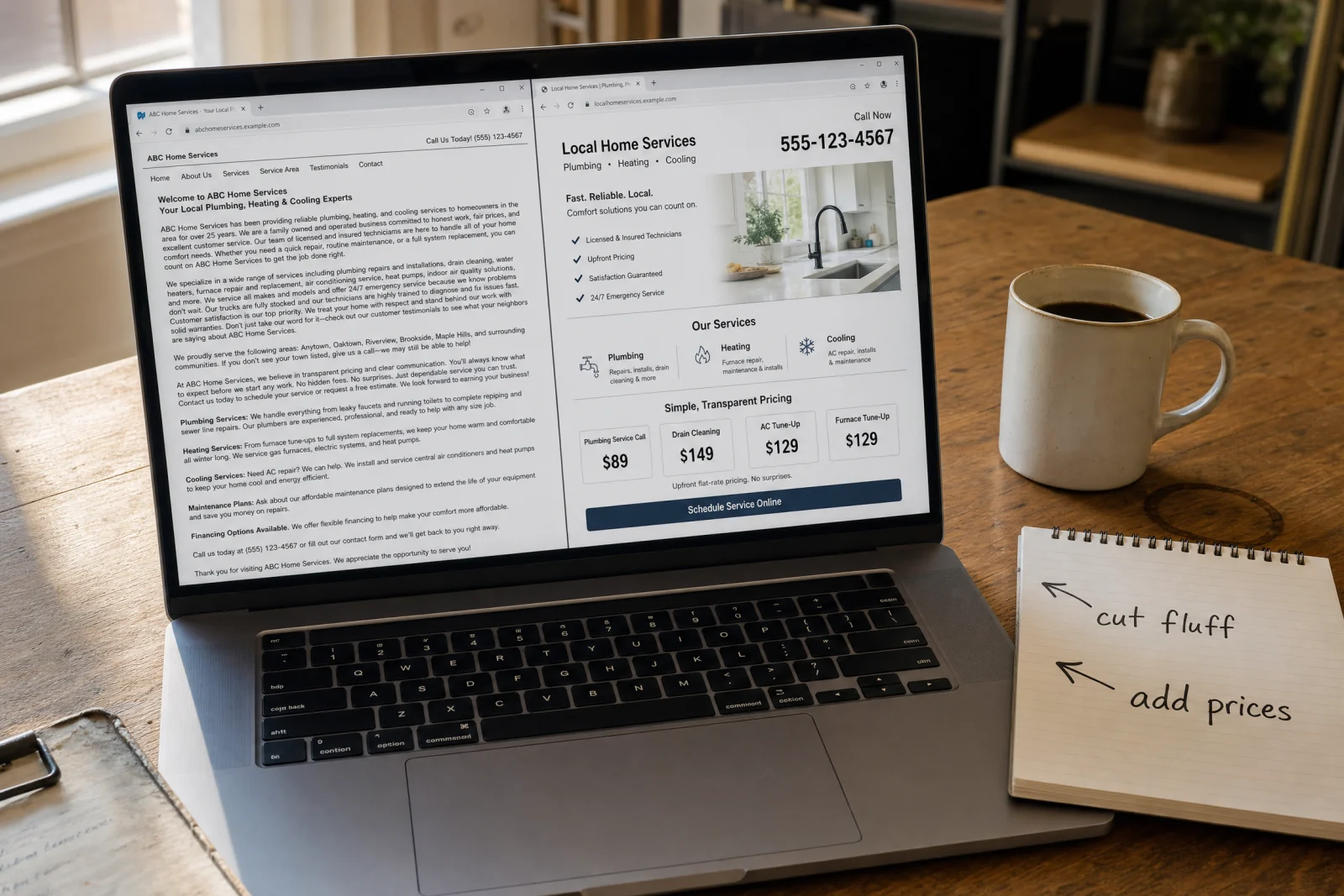 Laptop displaying two website versions side-by-side for a local home services business, with notepad showing local SEO editing notes.