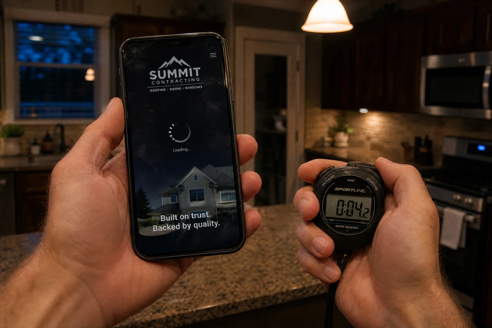 Smartphone loading a contractor website with a stopwatch showing 4+ seconds elapsed, illustrating how mobile page speed hurts local SEO.