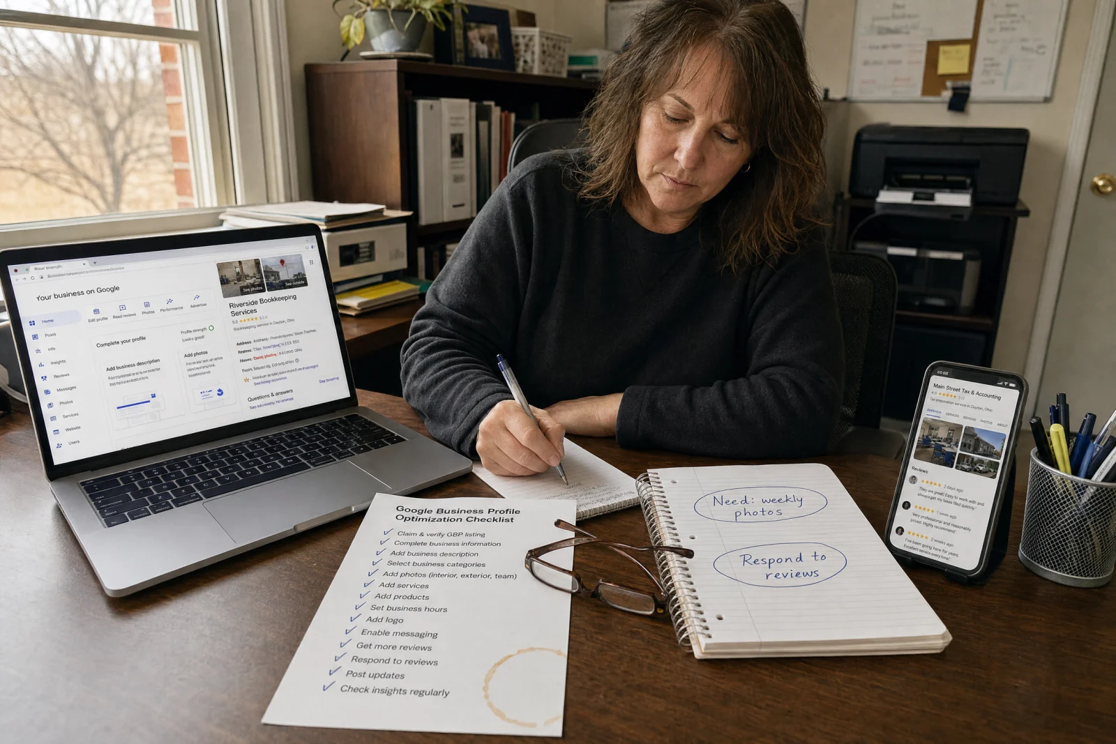 Service business owner reviewing a Google Business Profile local SEO checklist and competitor analysis on a laptop and phone at a desk.