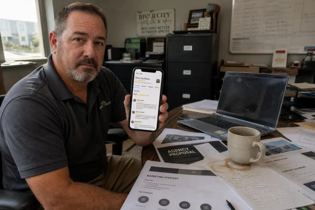 Service business owner at desk reviewing Google Business Profile on phone with local search engine optimization agency pro...