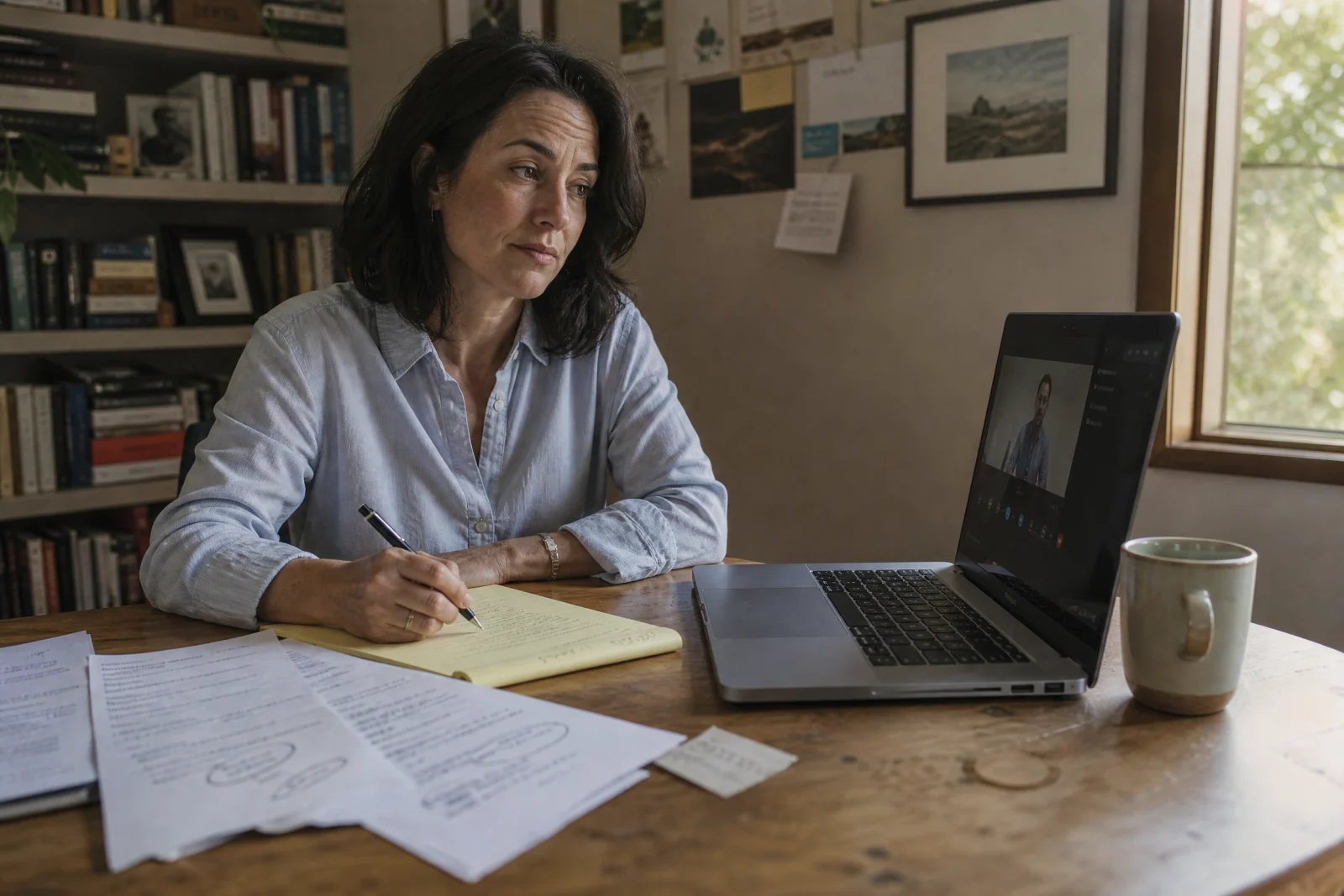 Business owner taking notes during video call with skeptical expression