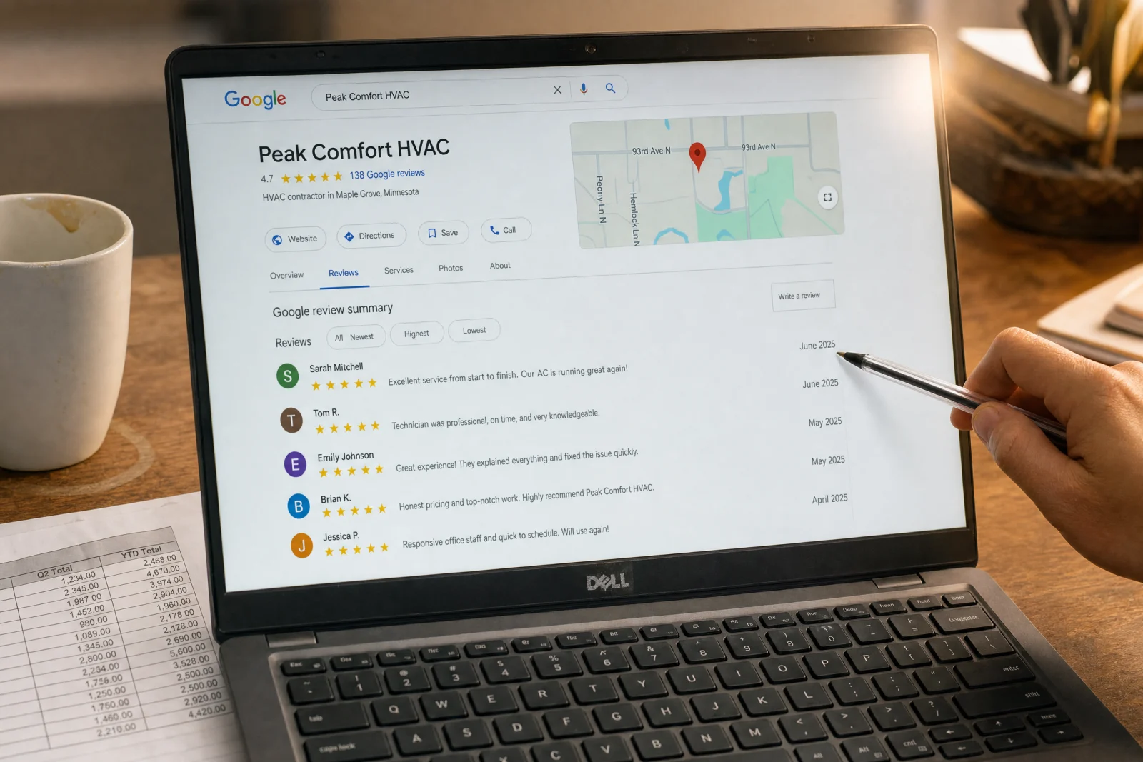 Laptop displaying Peak Comfort HVAC Google Business Profile with customer reviews and ratings for local service verification.