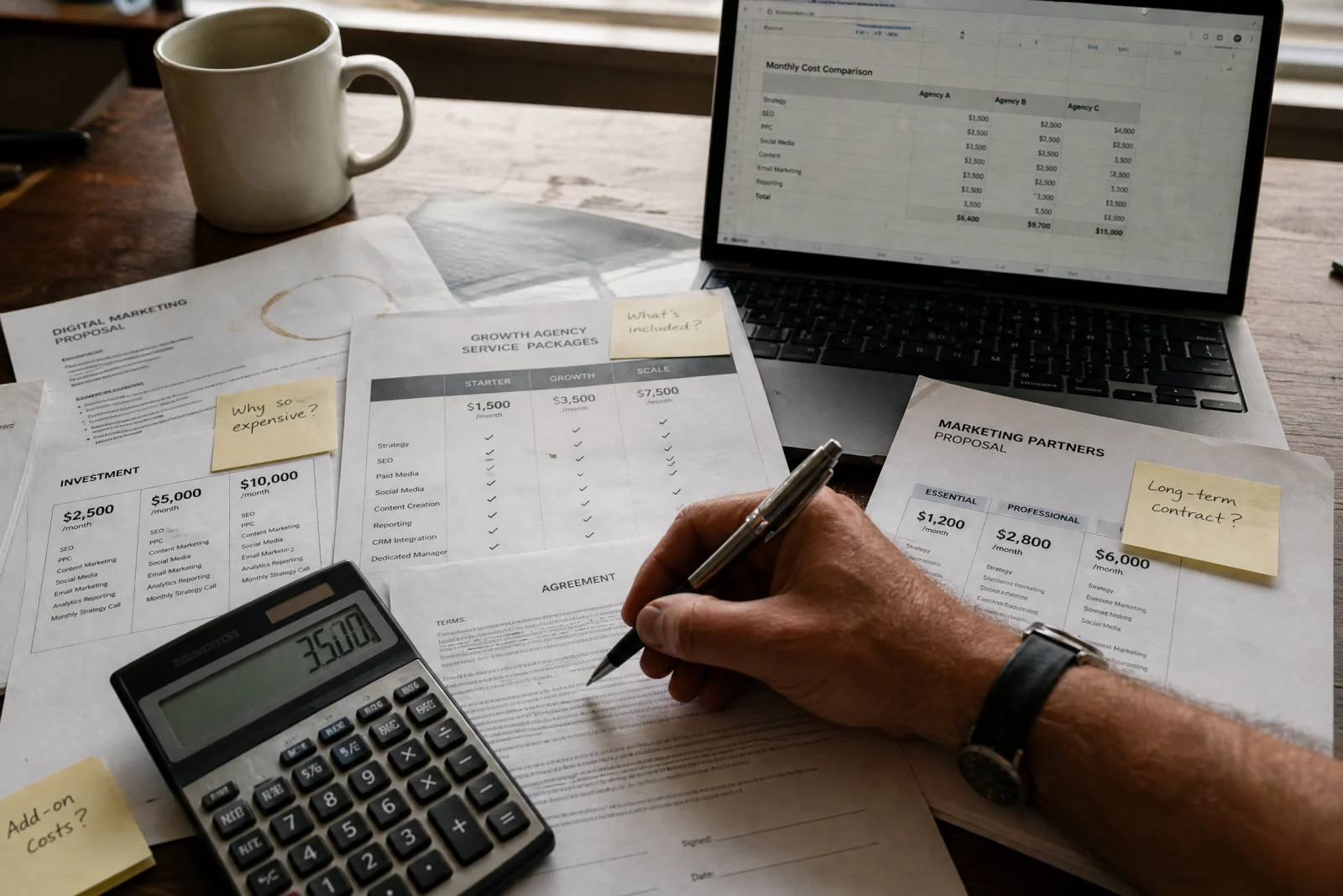 Business owner reviewing local search engine optimization agency pricing proposals with calculator and cost comparison