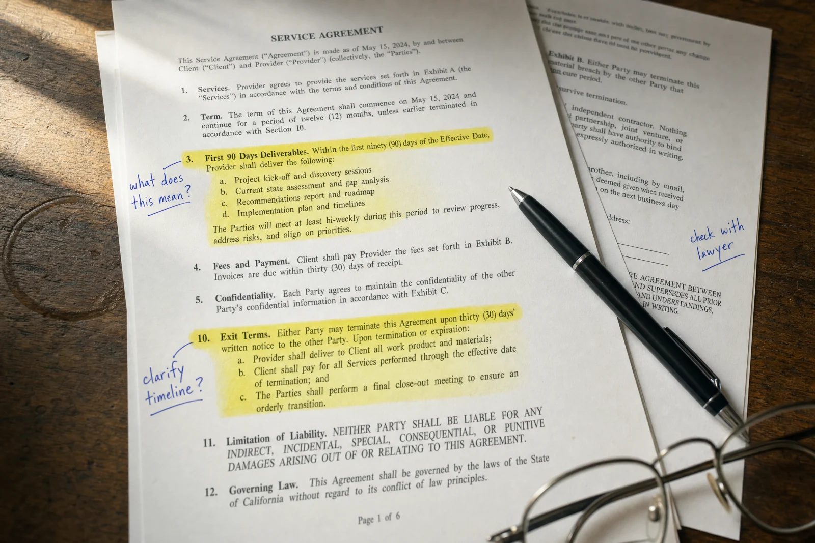 Service agreement document with highlighted sections on 90-day deliverables, exit terms