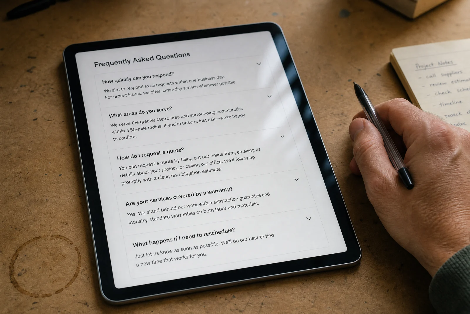 Tablet displaying FAQ page with service business questions and answers, hand with pen nearby on desk.