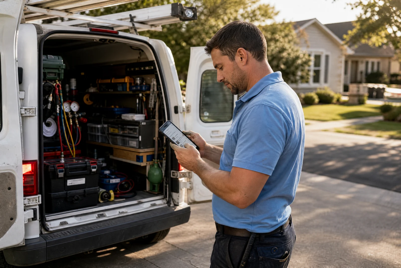 HVAC technician in blue polo checking smartphone beside white service van in residential driveway.