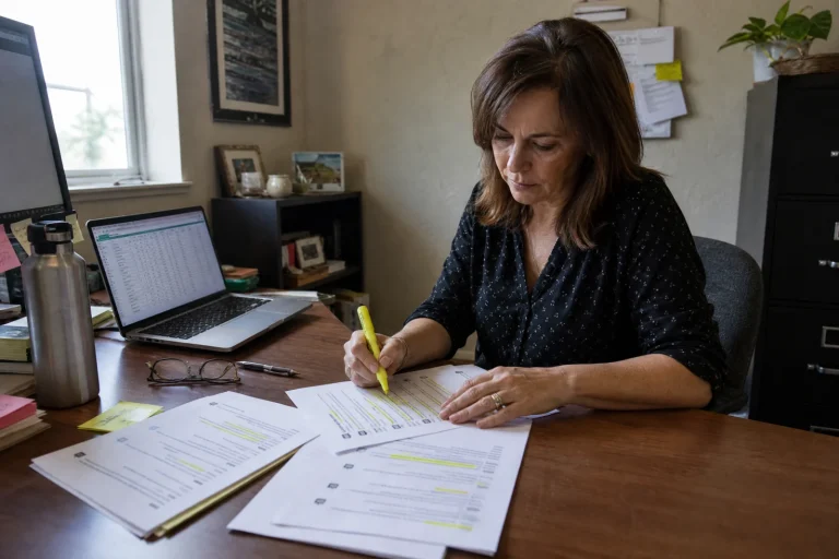Woman reviewing printed documents with highlighter at desk, demonstrating answer engine optimization for local service