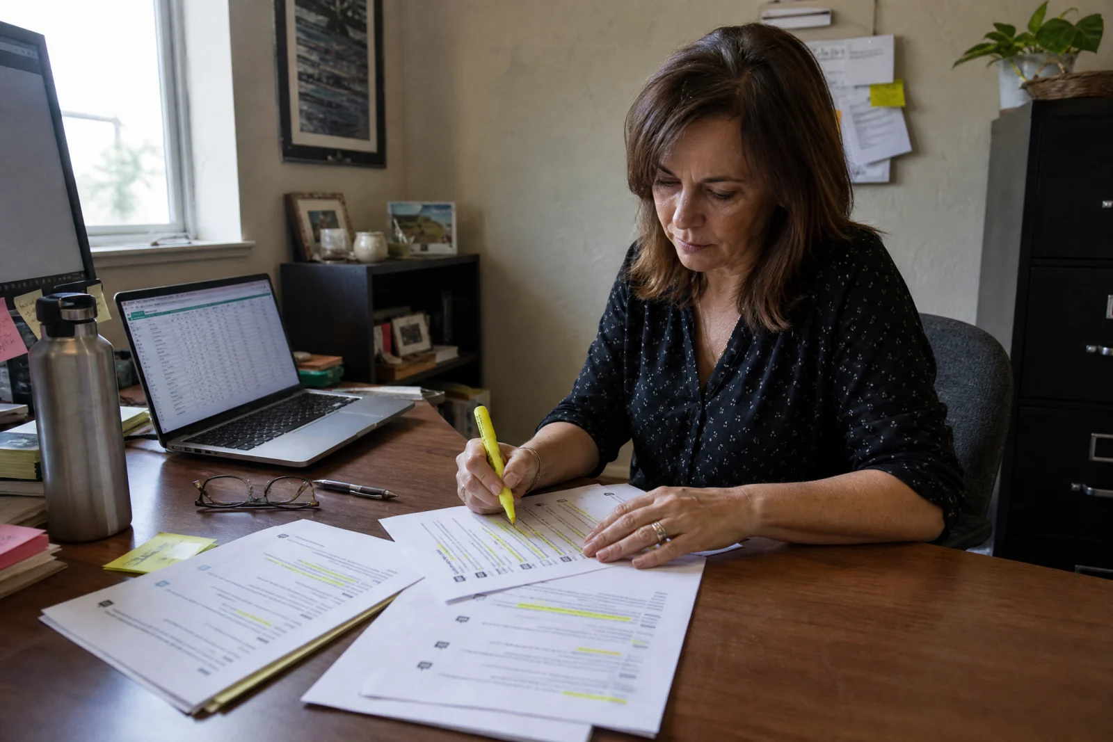 Woman reviewing printed documents with highlighter at desk, demonstrating answer engine optimization for local service