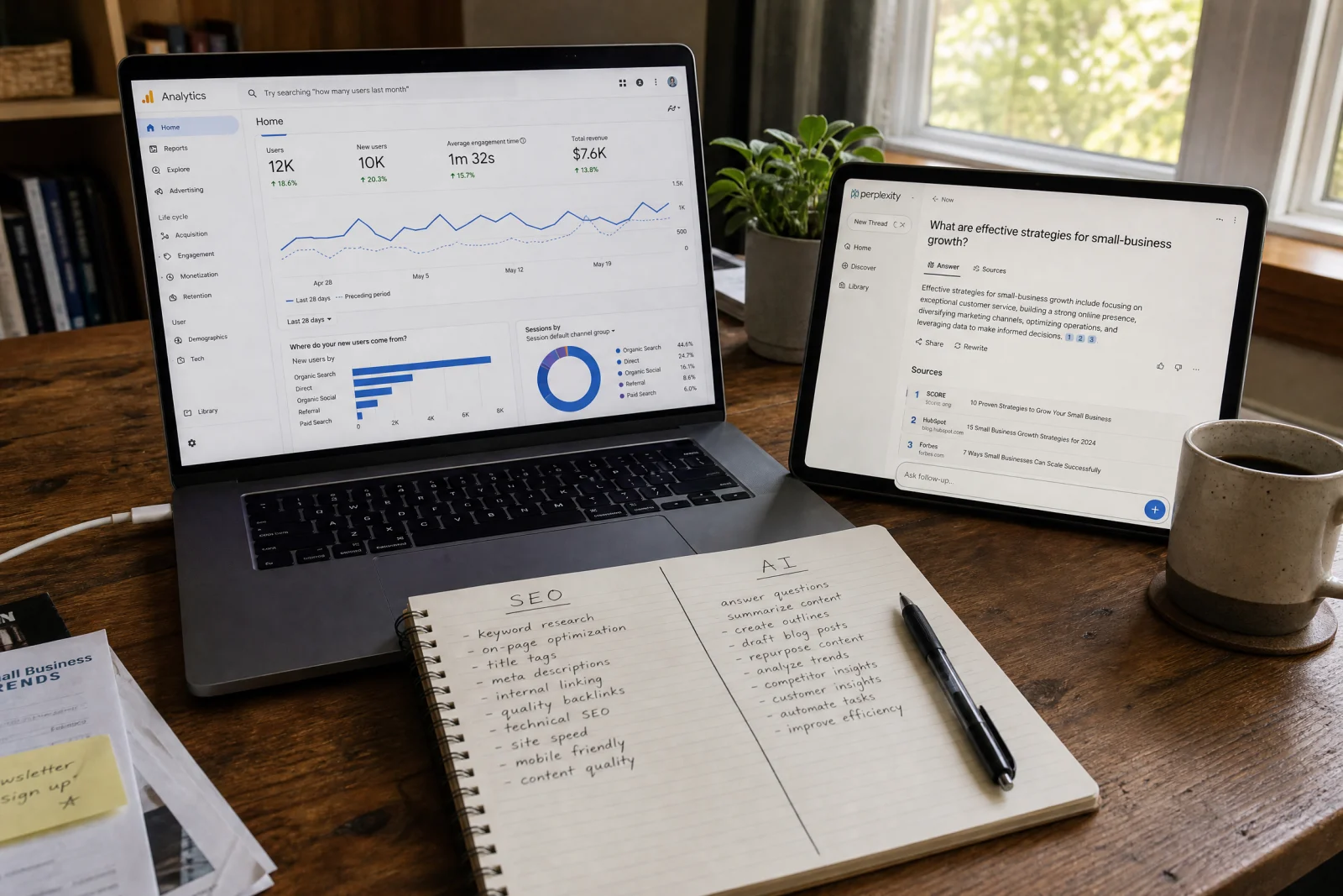 Workspace showing analytics dashboard on laptop and AI search results on tablet, with SEO and AI strategy notes