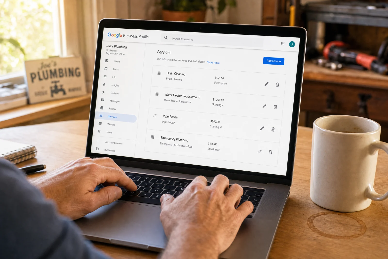 Business owner editing Google Business Profile services section on laptop for local SEO optimization.