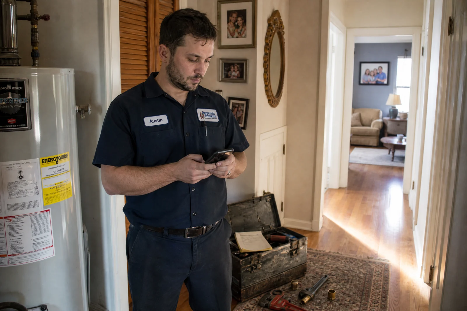 Technician in uniform holding smartphone in customer's home, demonstrating review request for Google Maps SEO.