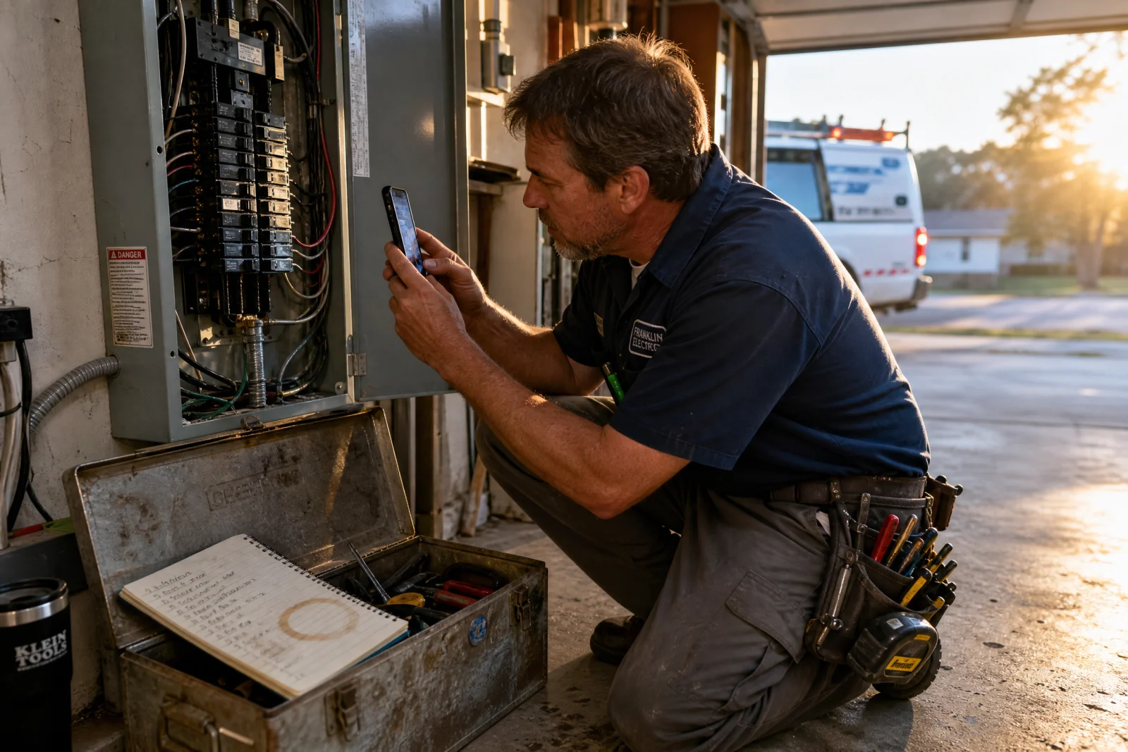 Service technician photographing electrical panel with smartphone for documentation and Google Maps SEO visibility.