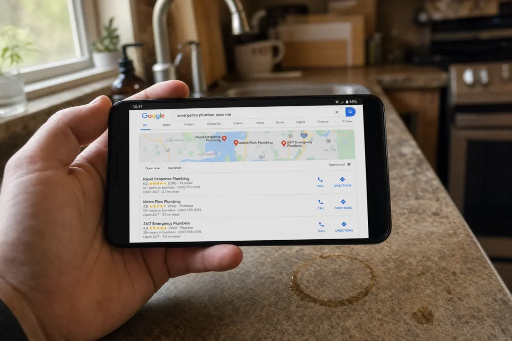 Smartphone displaying Google search results for emergency plumber with map and business listings for lead generation for s...