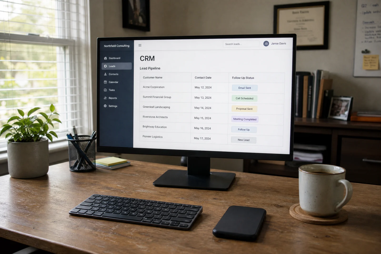 CRM dashboard displaying lead pipeline with contact dates and follow-up status for lead generation for small business.
