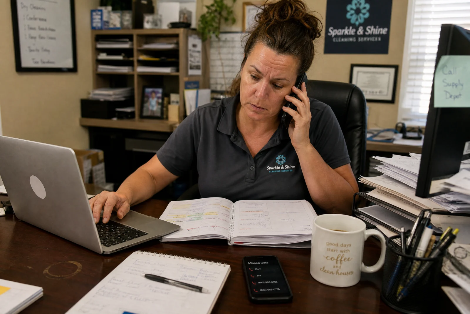 Busy service business owner managing phone calls, scheduling