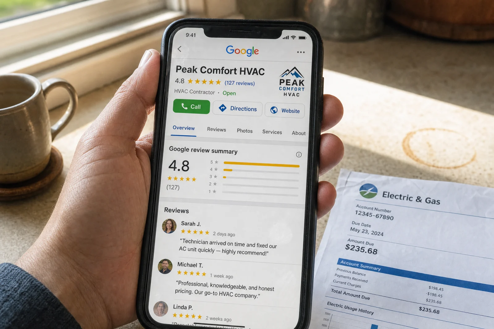 Google Business Profile for Peak Comfort HVAC showing 4.8-star rating and customer reviews on smartphone for lead