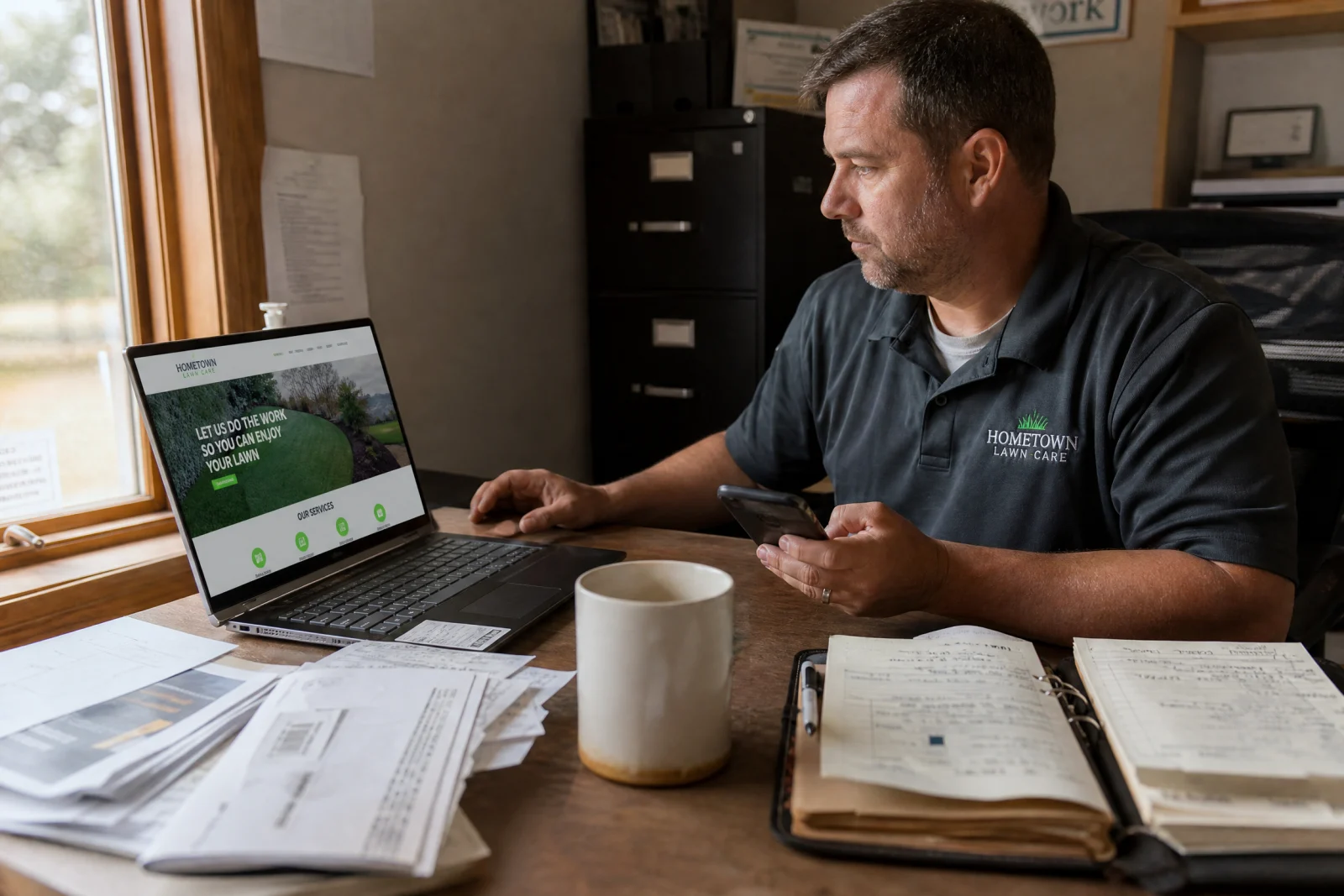 Service business owner reviewing lead generation website design on laptop at desk with phone and work orders.