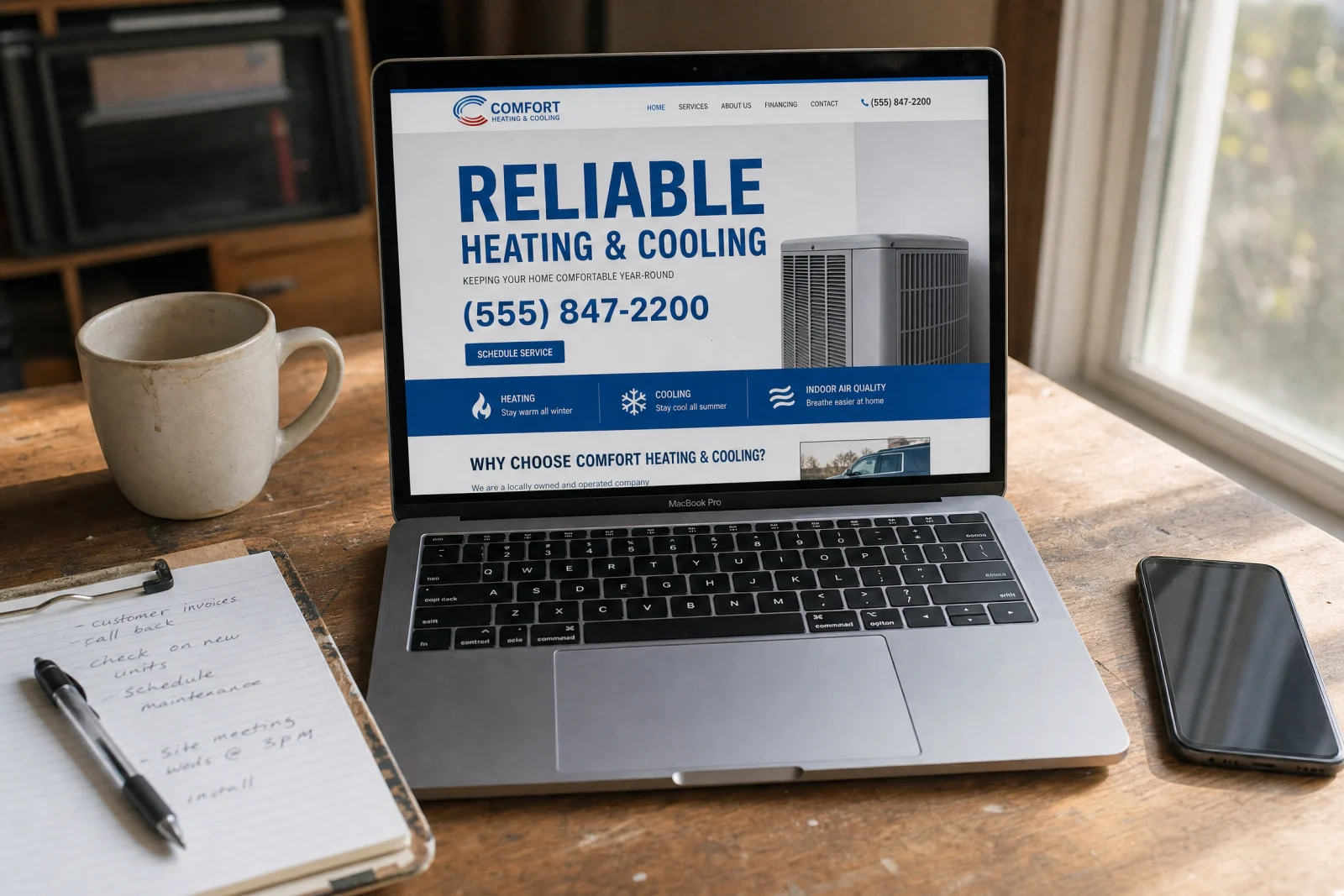 Laptop displaying heating and cooling company homepage with prominent phone number and service call-to-action button