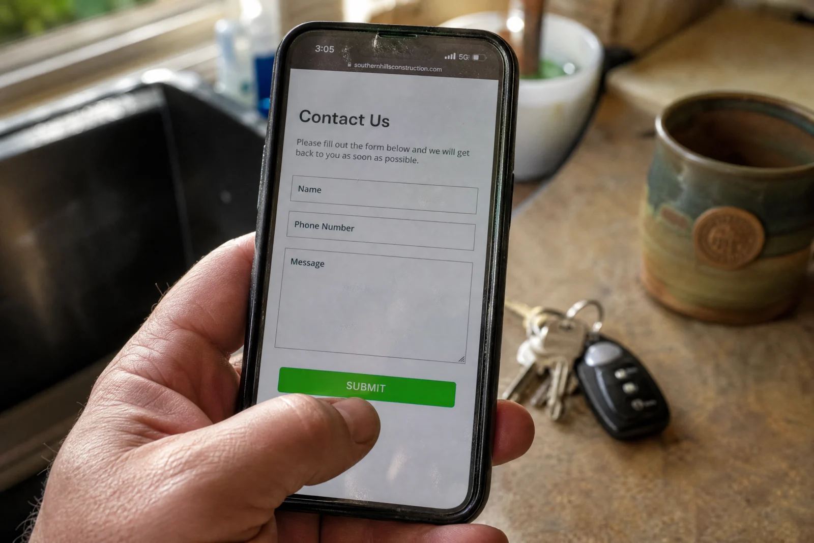 Hand holding smartphone displaying simple contact form with name, phone