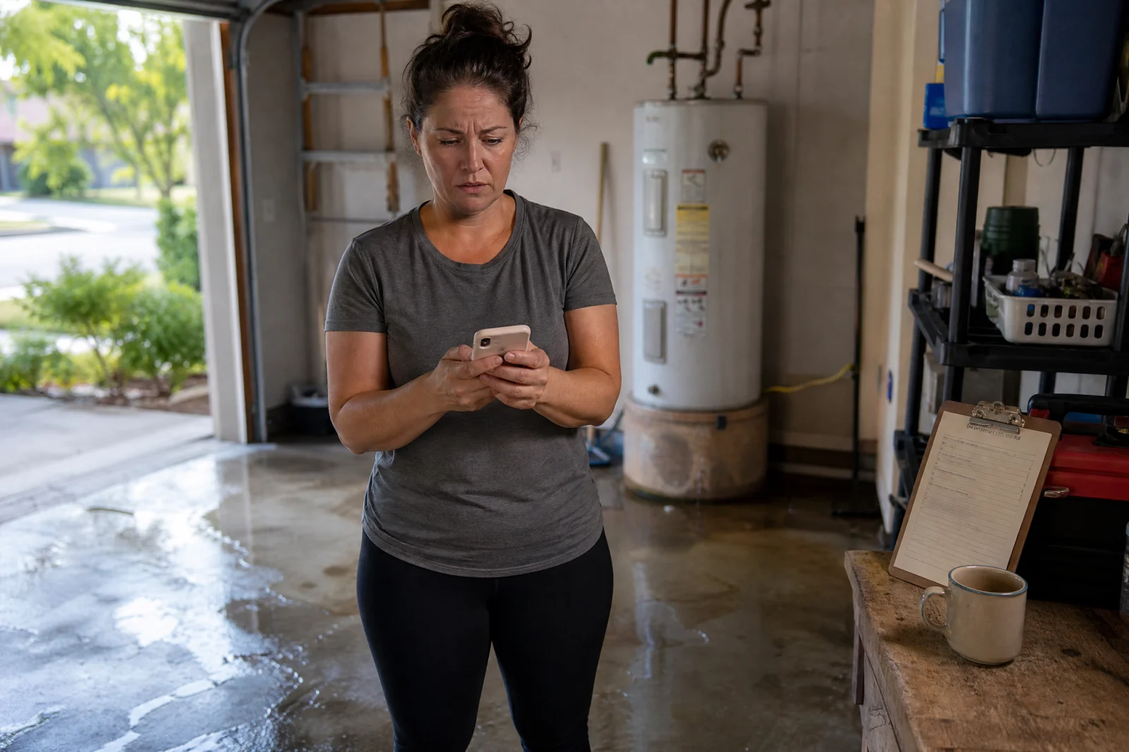 Woman checking phone in flooded basement, searching for emergency local service help on mobile device.