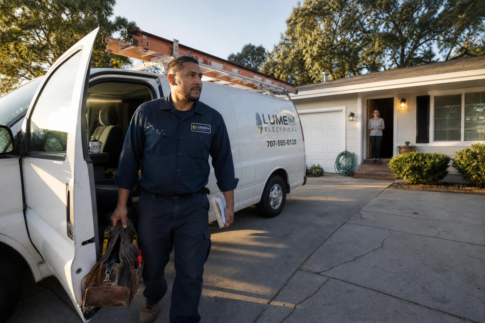 Professional electrician arriving at residential home with branded service van and tools