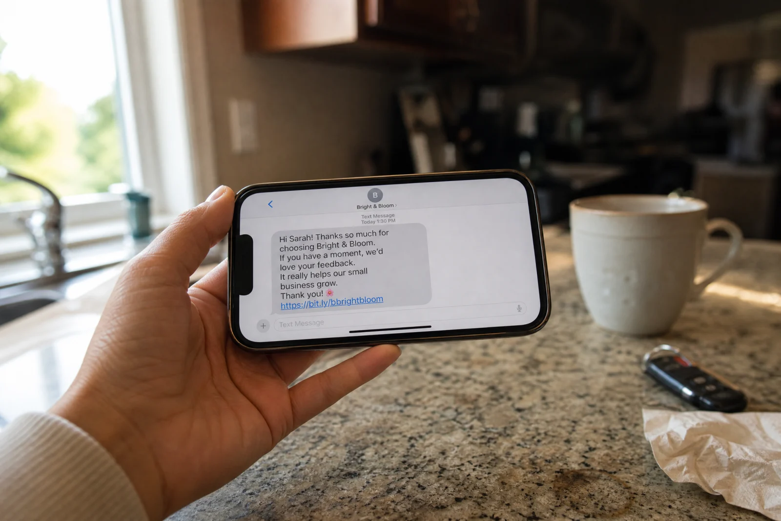 Customer holding phone with Google review request text message in kitchen, showing how to get more Google reviews via SMS.