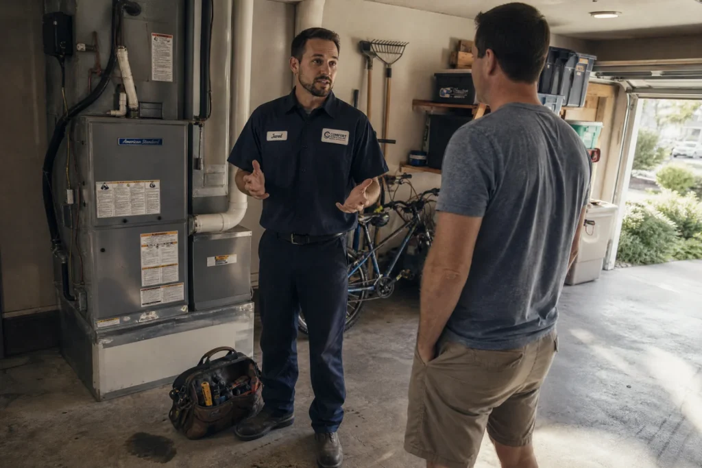 HVAC technician discussing service with homeowner in garage, how to get more google reviews from satisfied customers.