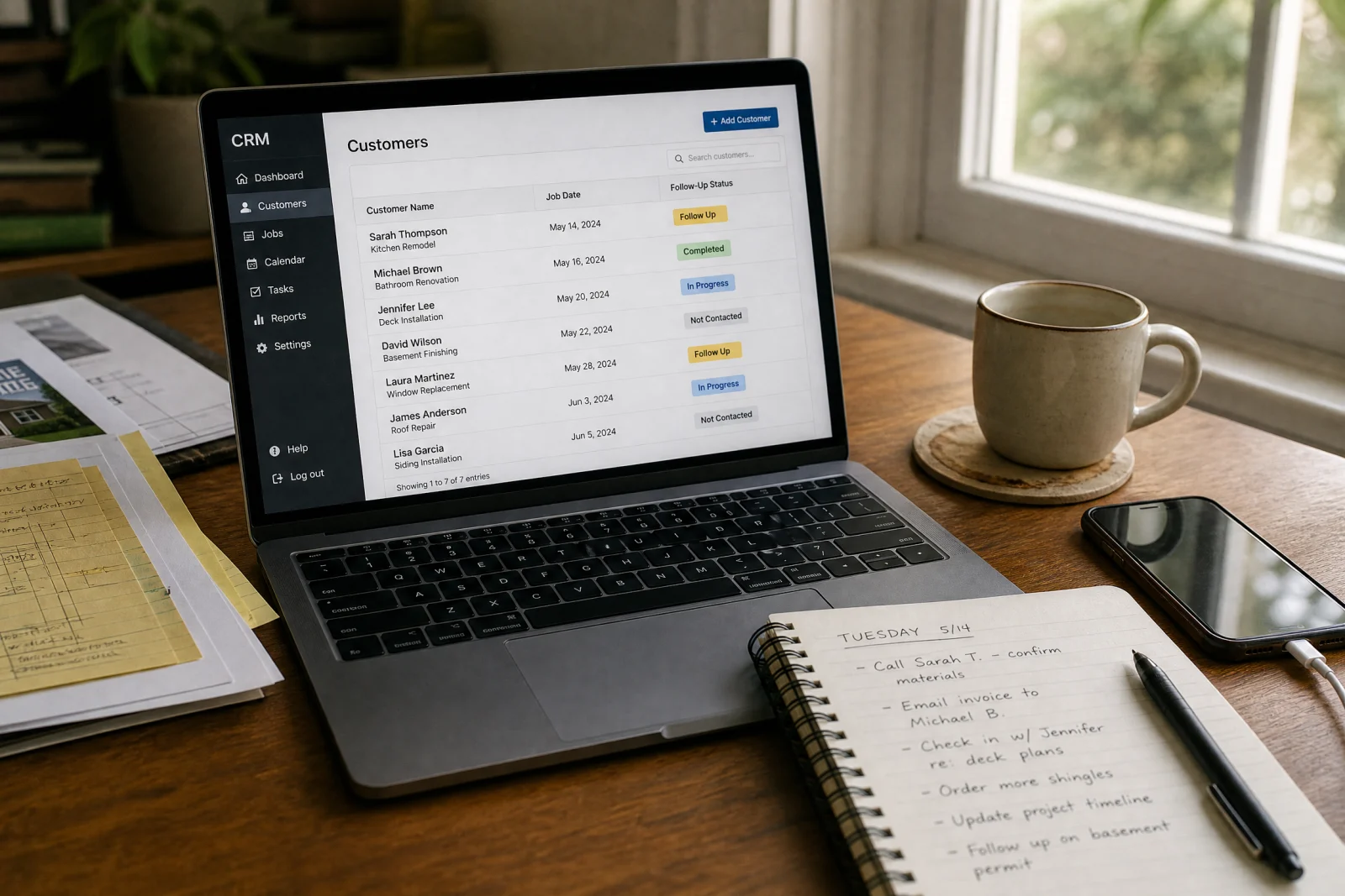 CRM dashboard on laptop showing customer follow-up list with job dates and status tracking for local service business.