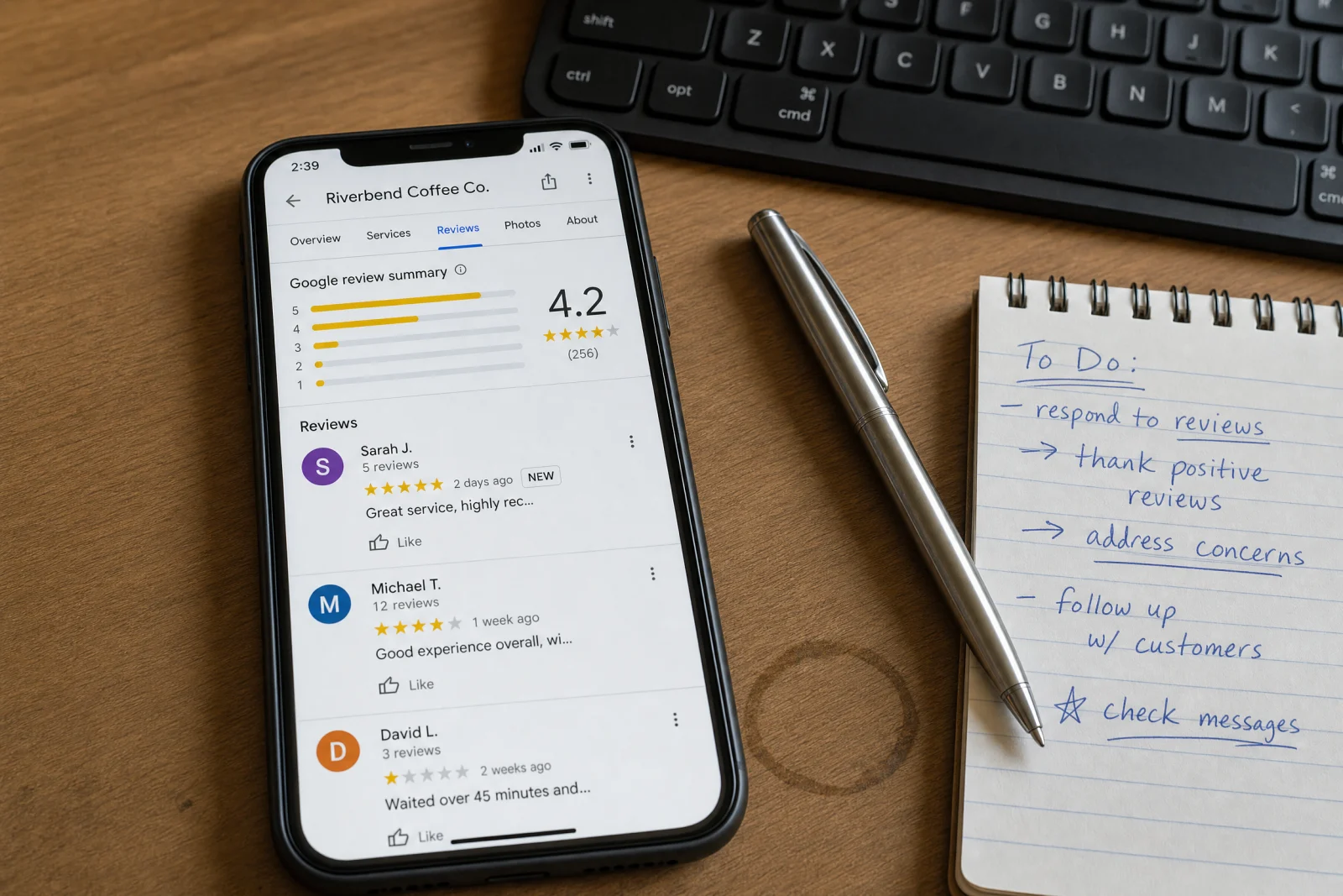 Smartphone displaying Riverbend Coffee Co. Google Business Profile with 4.2 star rating and mixed customer reviews on desk.