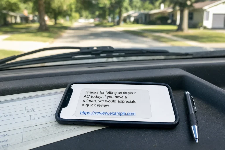 Smartphone on truck dashboard displaying review request text message with link for google business profile optimization