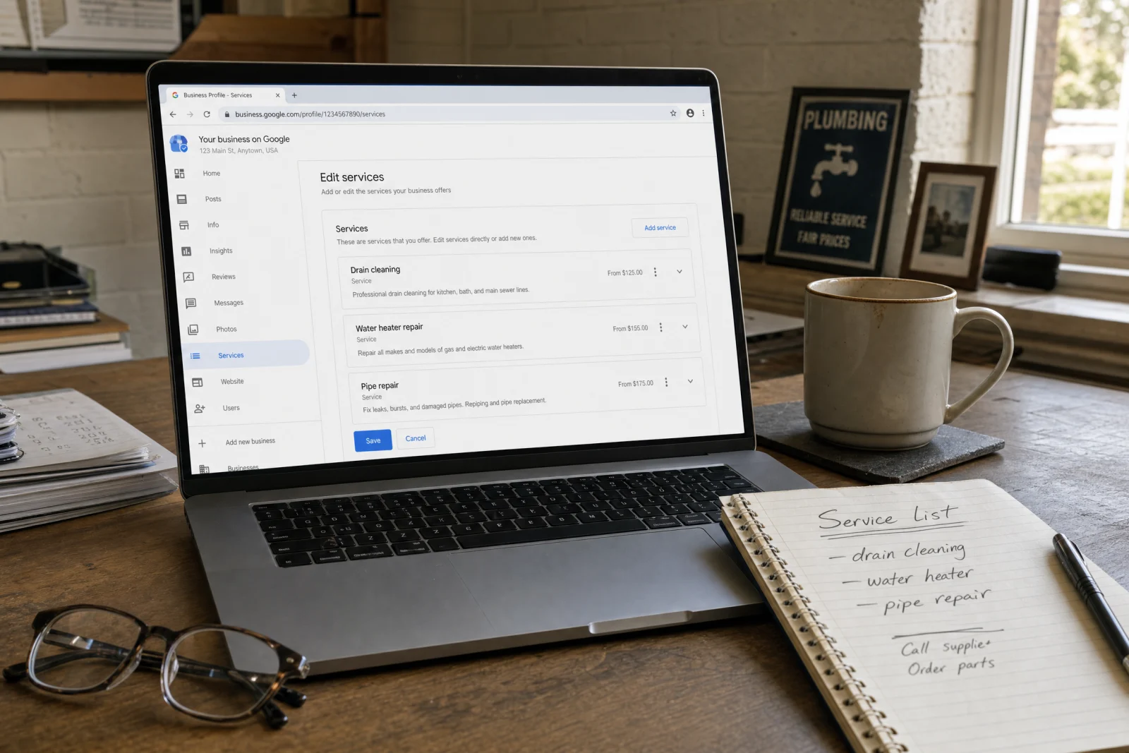 Laptop displaying Google Business Profile services editor for plumbing business with drain cleaning, water heater repair
