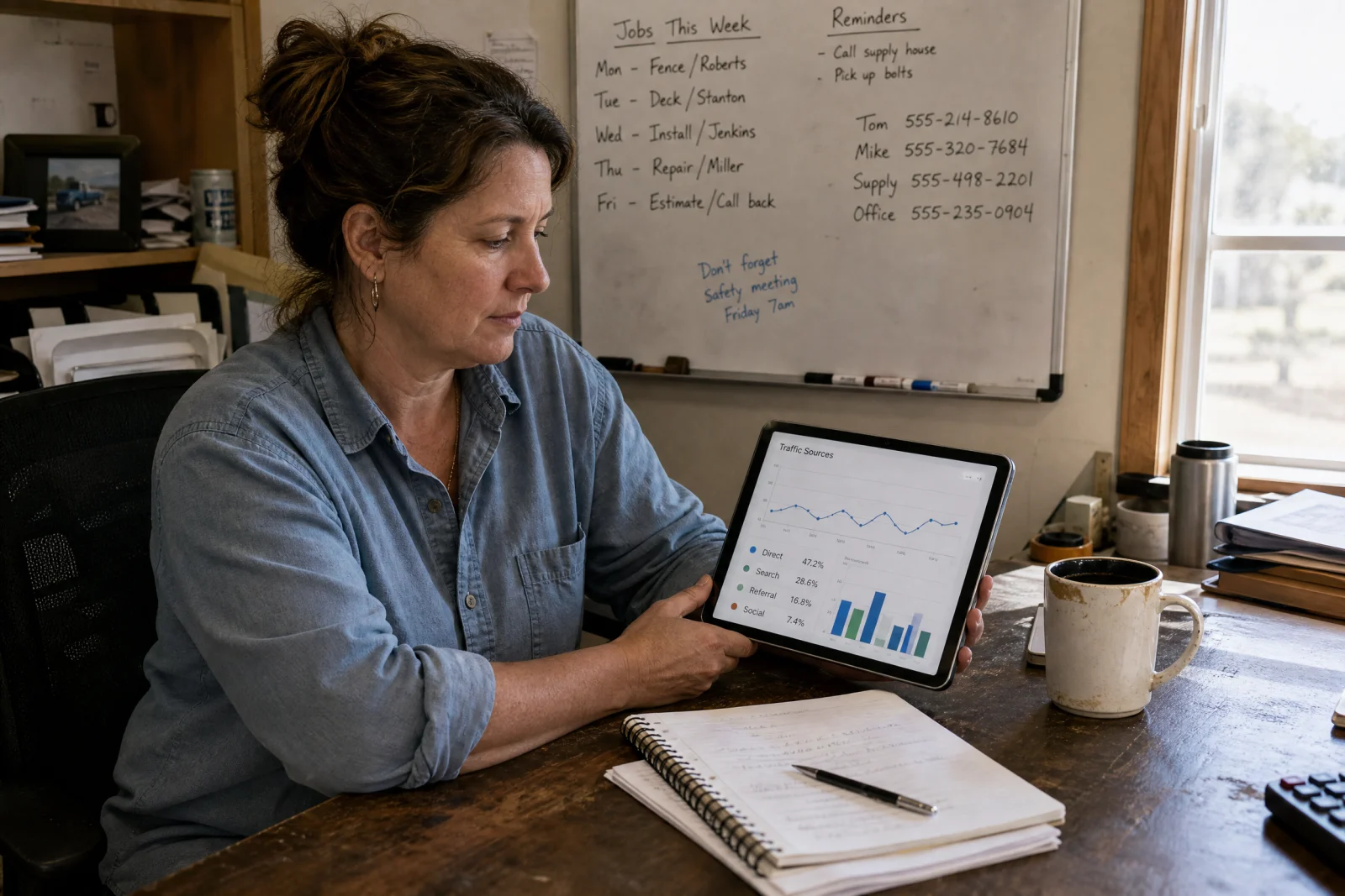 Service business owner reviewing website traffic analytics on tablet at desk with work schedule on whiteboard behind.