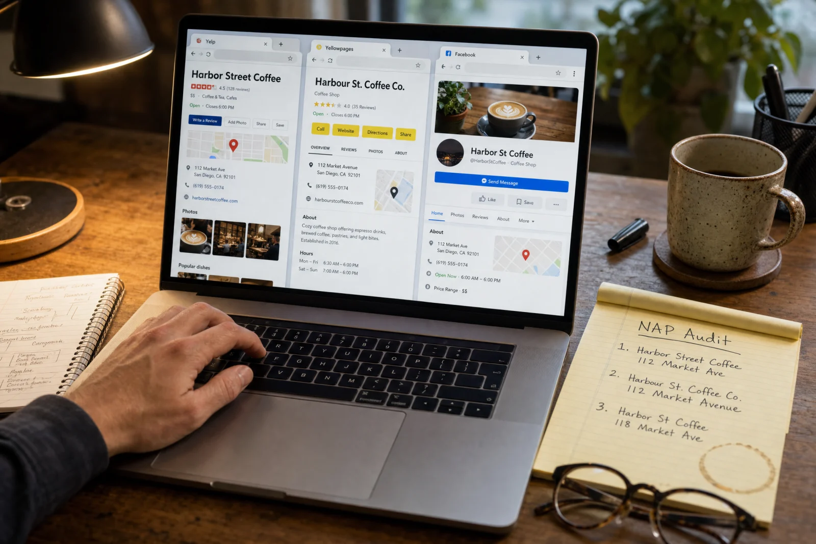 Laptop showing inconsistent business listings across Yelp, Yellowpages, and Facebook with handwritten NAP audit notes for