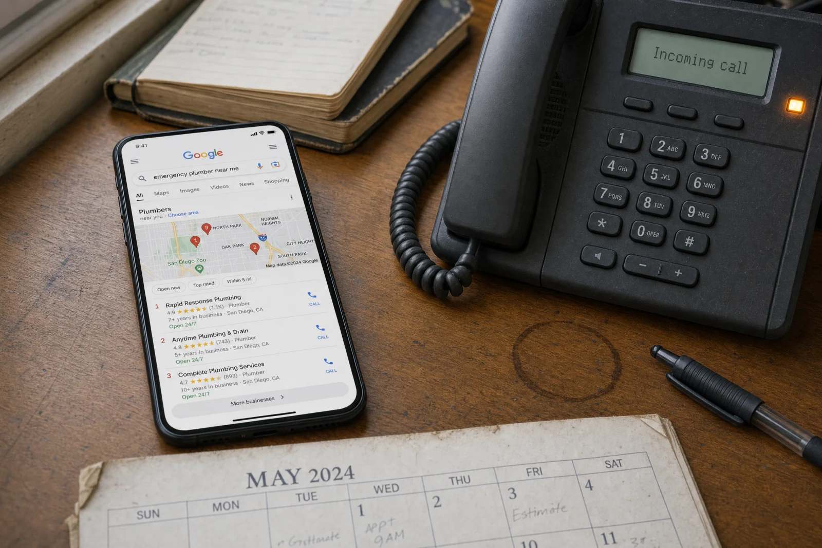 Smartphone displaying Google search results for emergency plumber near me with map and ratings, desk phone showing incoming