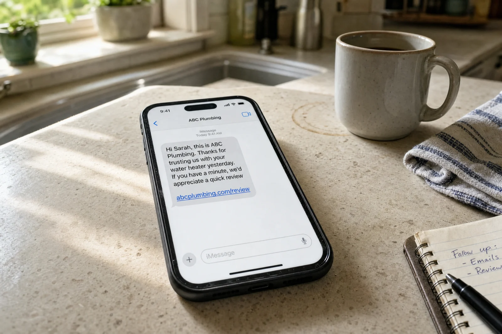 Smartphone displaying friendly review request text message from ABC Plumbing on kitchen counter with coffee mug and notepad.