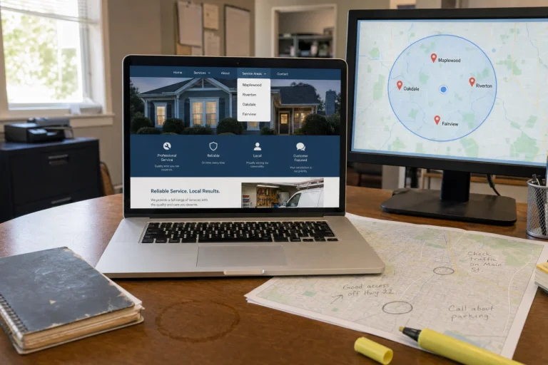 Local SEO for service businesses: laptop showing multi-location website with service area map displaying Maplewood