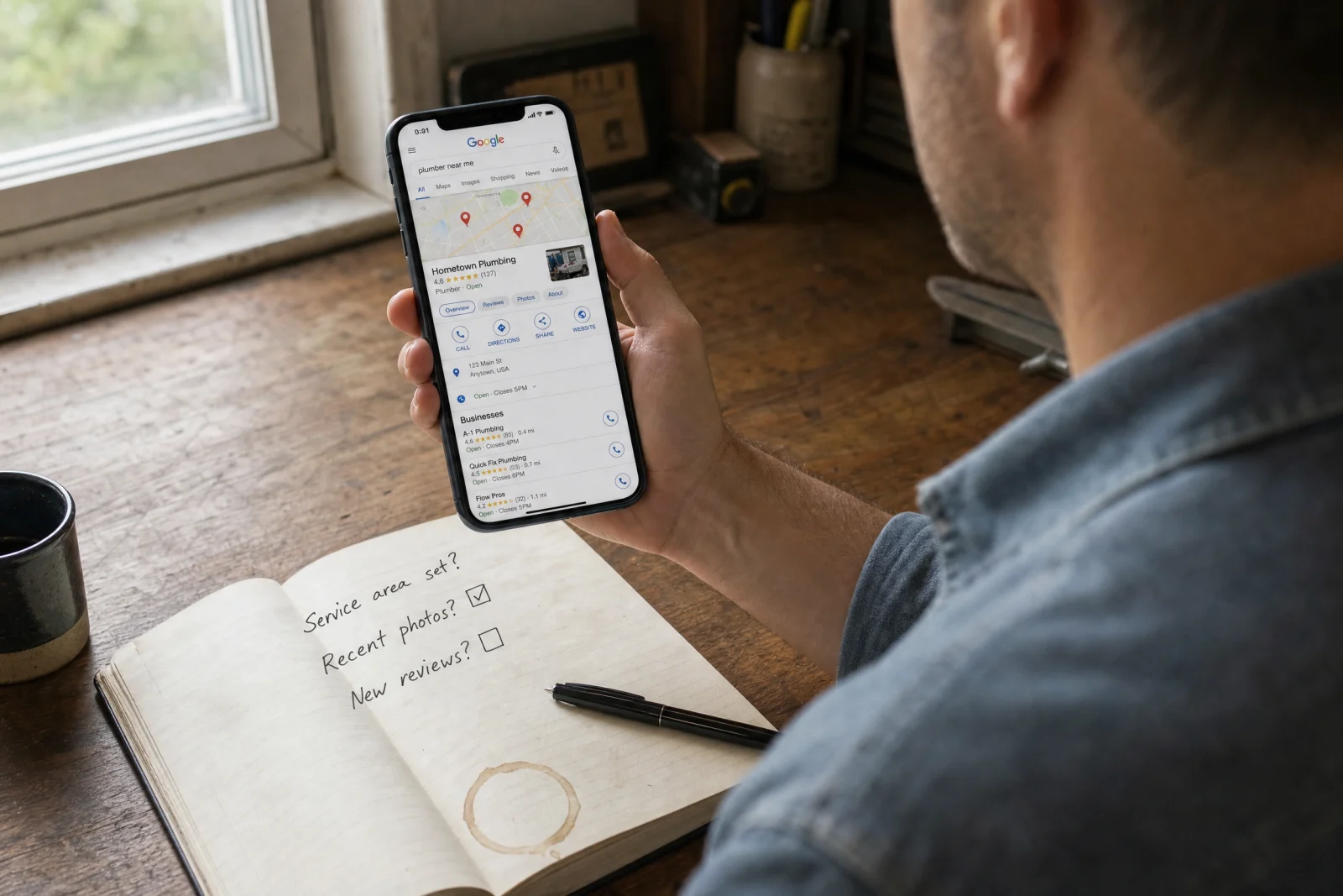Person reviewing Google Business Profile on phone with local SEO audit checklist on desk.