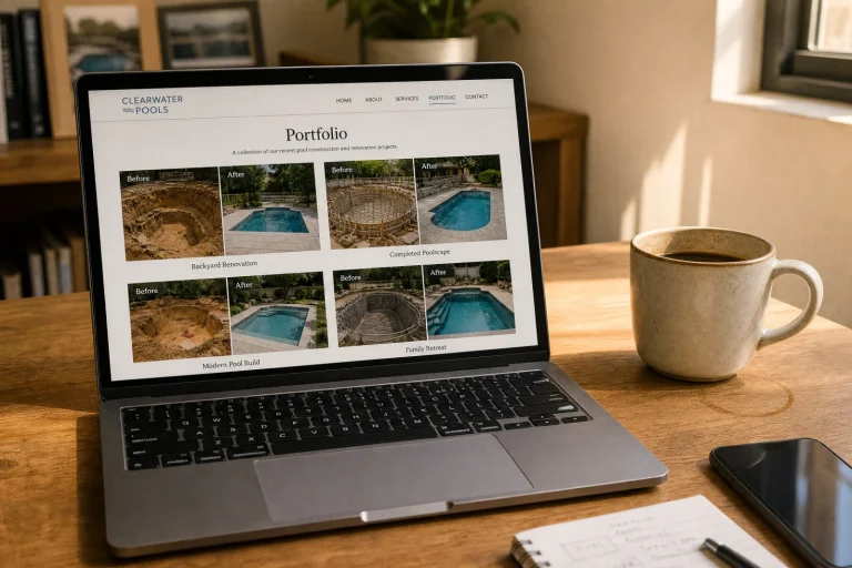 Laptop displaying pool builder lead generation website portfolio with before-and-after project photos on wooden desk.