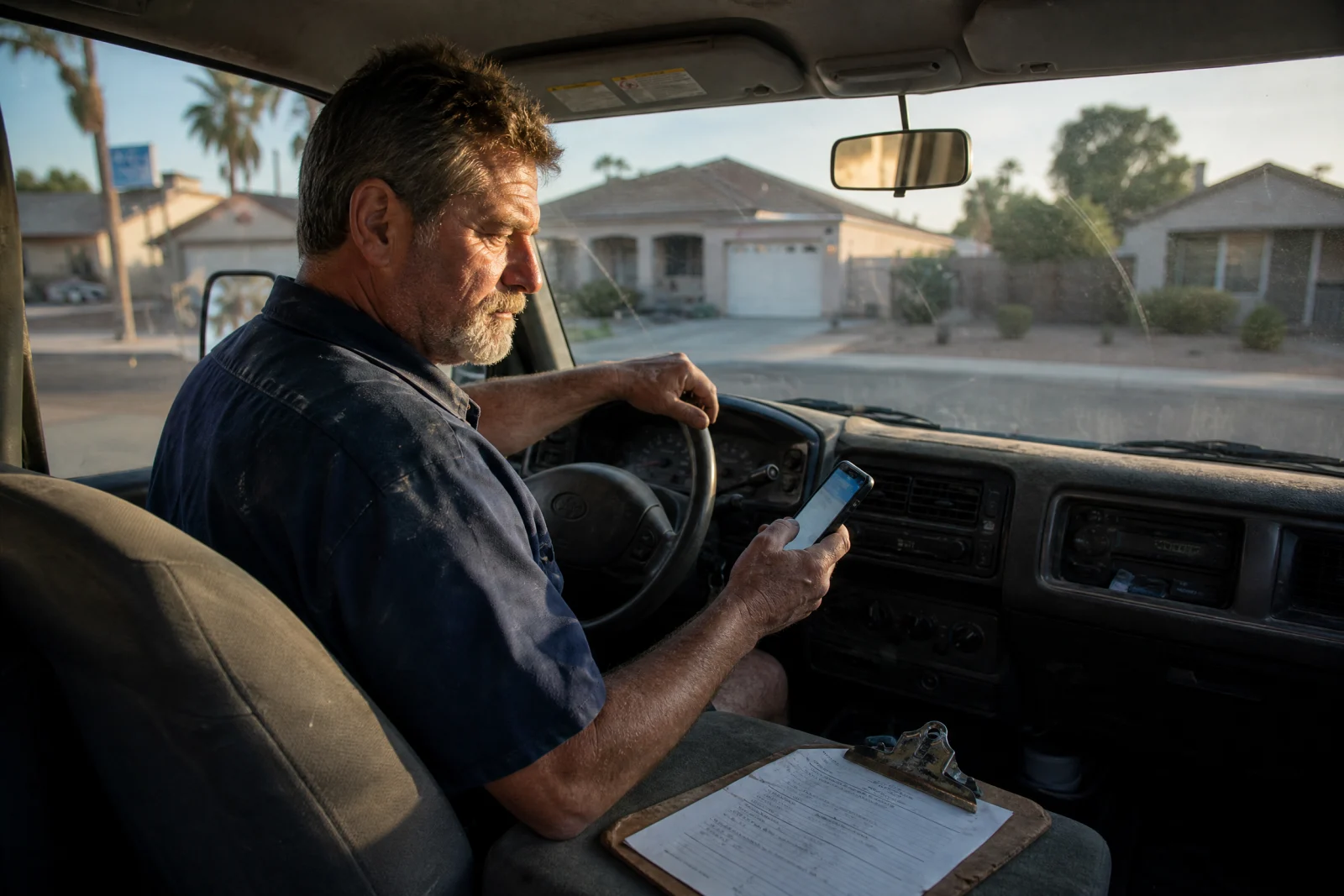 Pool builder checking phone for leads in truck cab at job site with clipboard and paperwork.