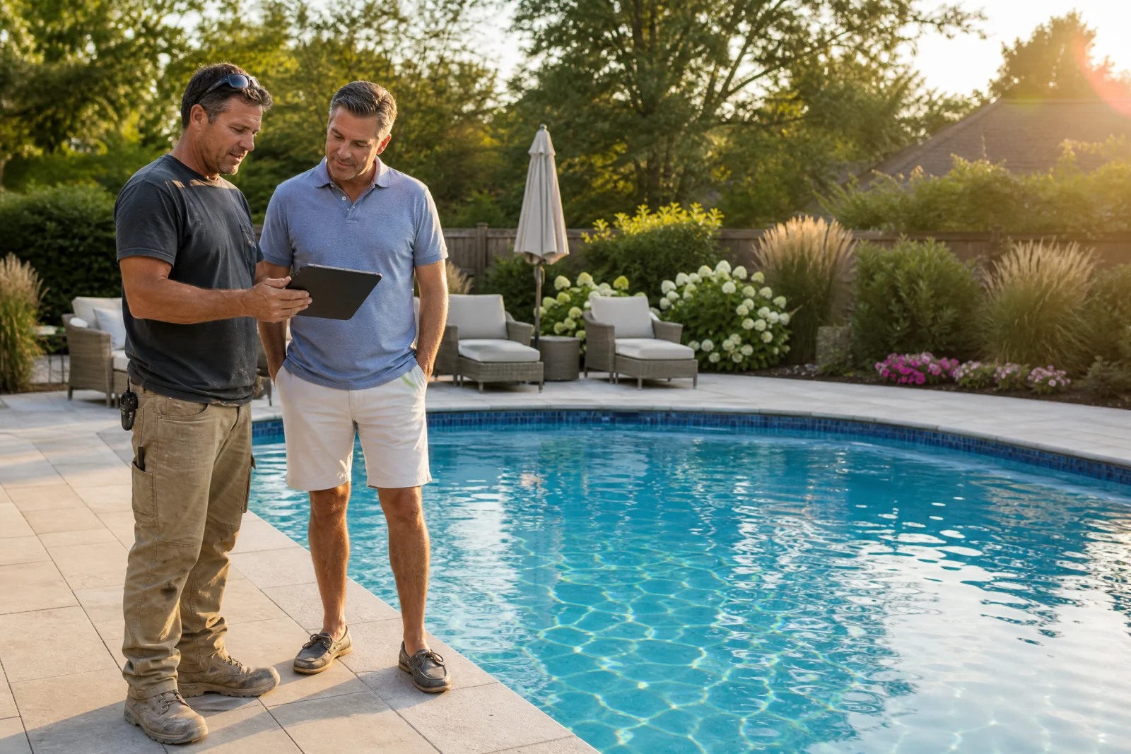 Pool builder showing tablet to homeowner at completed pool during final walkthrough inspection.