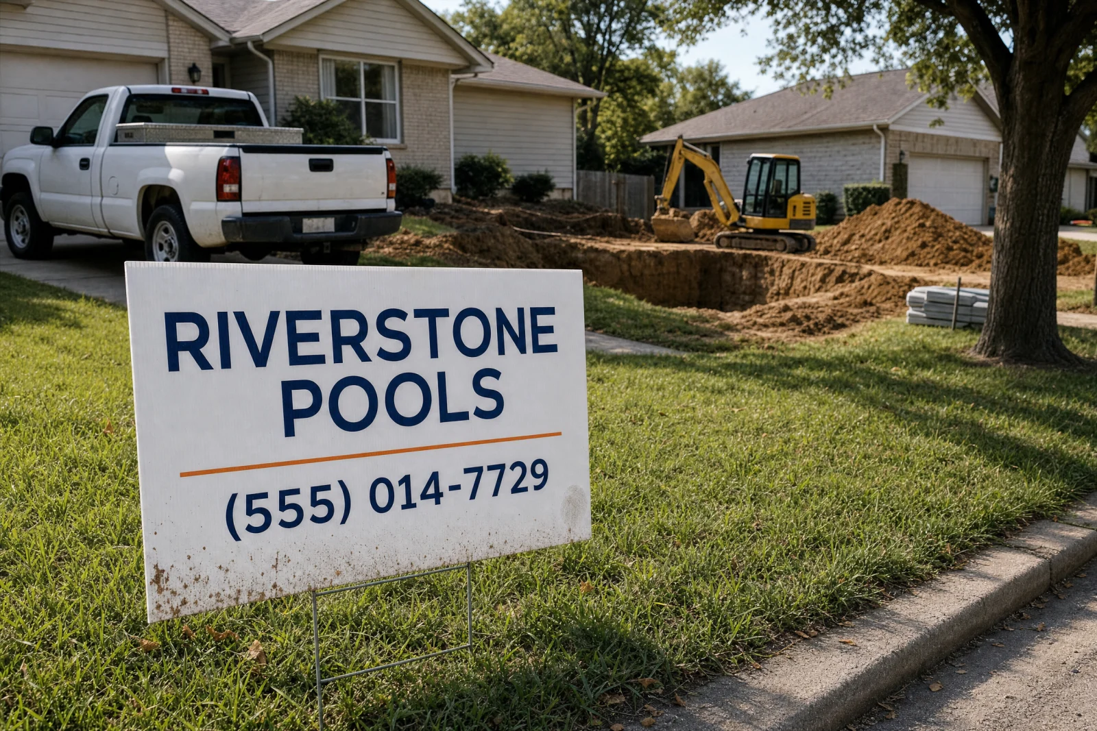 Riverstone Pools yard sign at residential construction site with truck and excavation equipment visible for pool builder