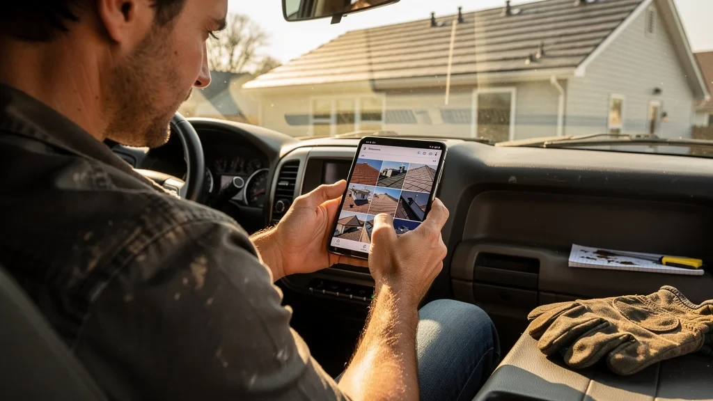 A roofing contractor in his truck at a completed job site, uploading photos from his phone's camera roll to his Google
